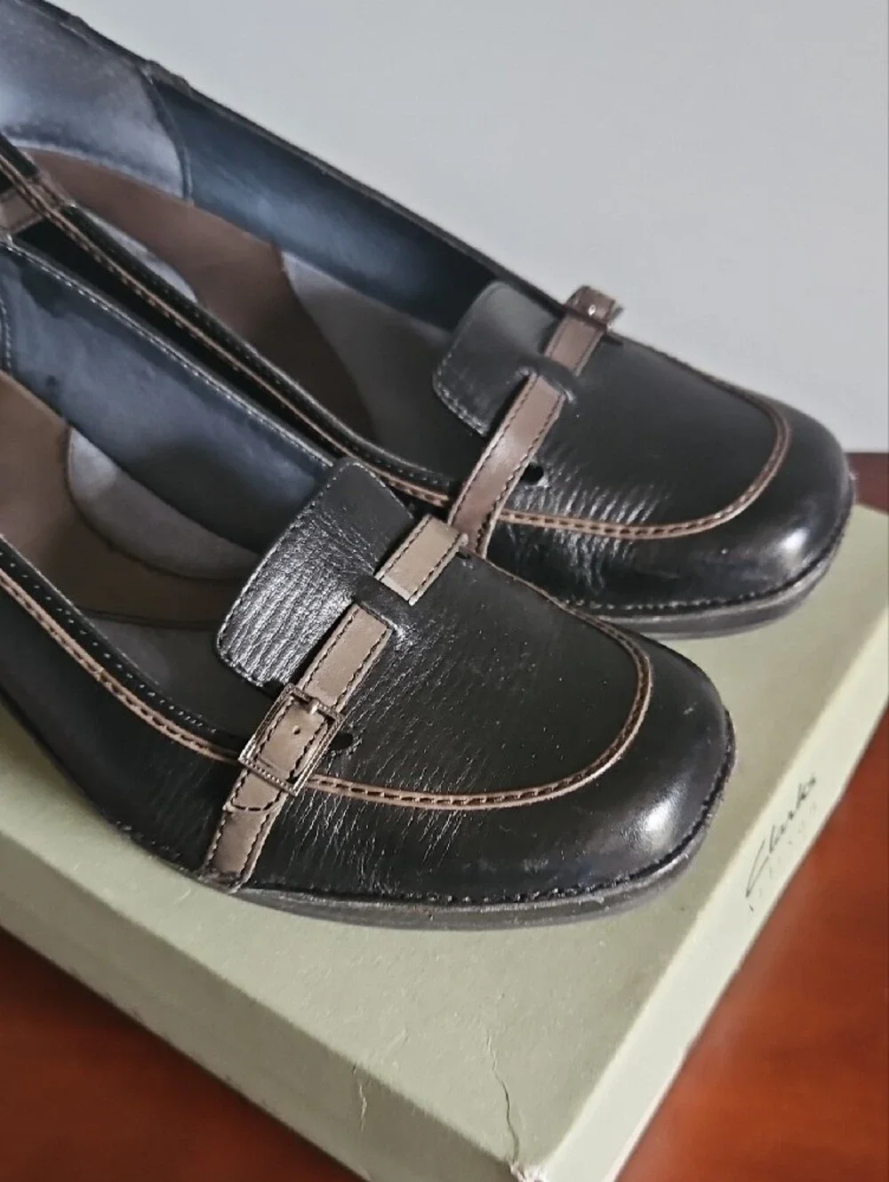 Clarks Black and Grey Leather Wedge Loafers with Buckle Detail